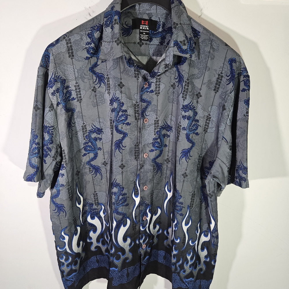 Vintage Y2K Emergency Exit Silver & Blue Flames Dragons Button Down Shirt!